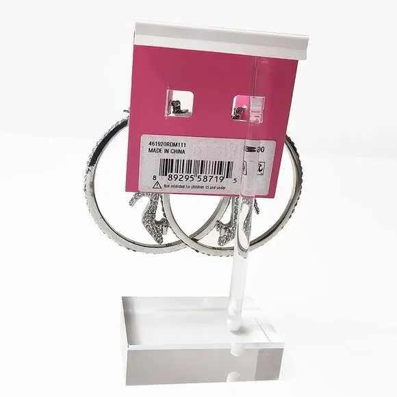 Betsey Johnson High Heel Dangle Hoop Earrings Silver Tone and Rhinestone - Picture 3 of 4